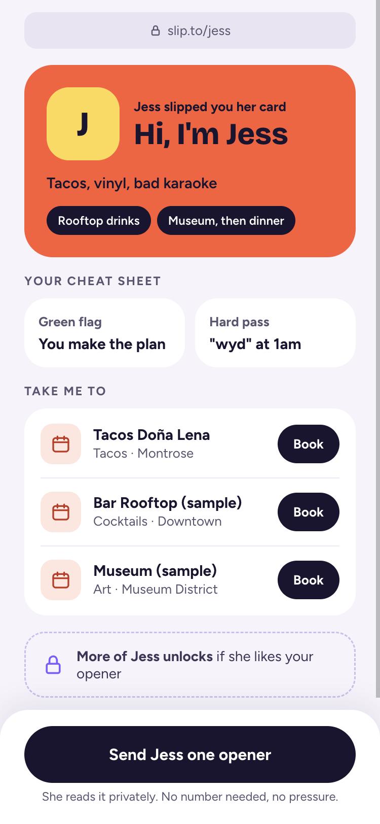 Slip: the card a match sees, with date ideas and places to book