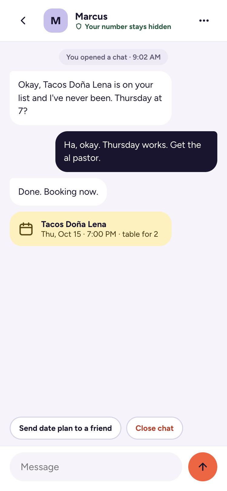 Slip private chat where a date gets booked
